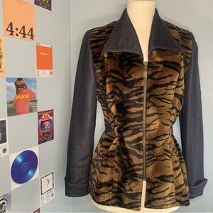 Unbranded Women's Tiger-Print Zip Front Blazer Jacket in Brown and Black